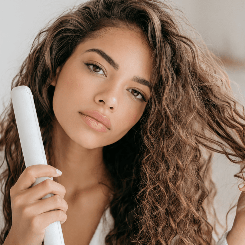 beautiful woman adjusting temperature on hair
