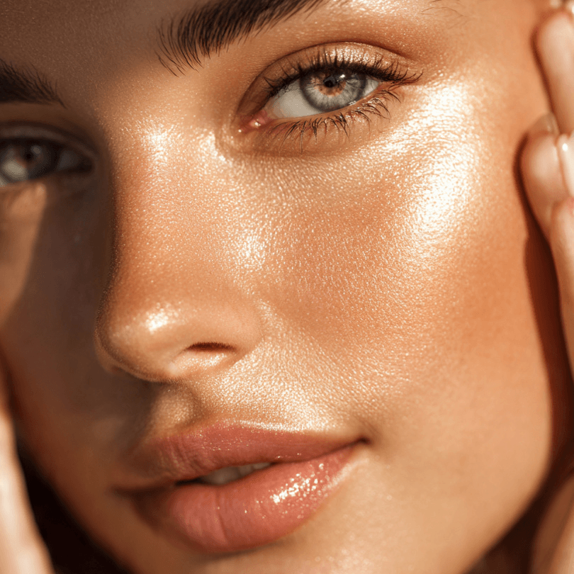 beautiful woman applying illuminating primer on
