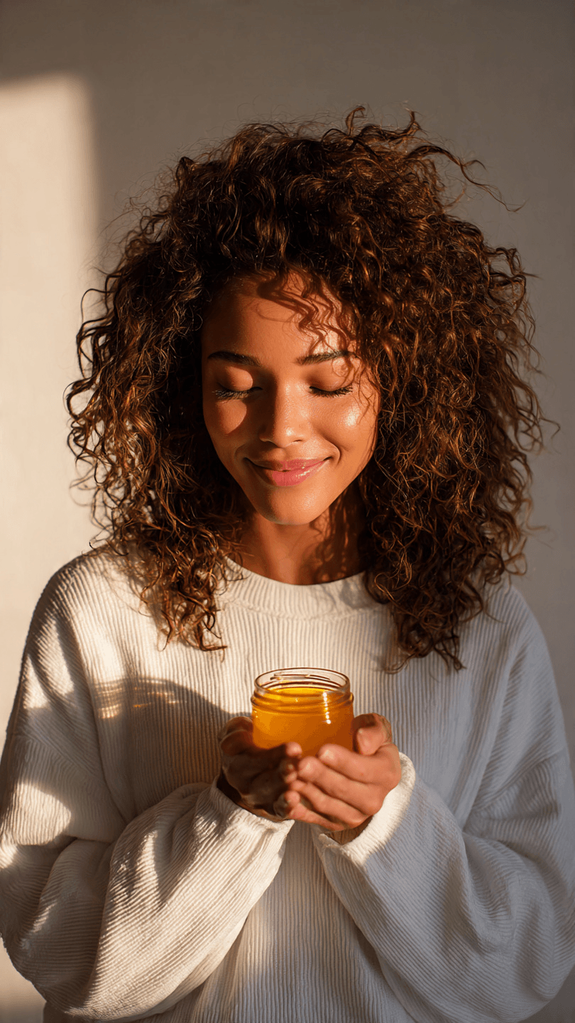 beautiful woman holding a small jar