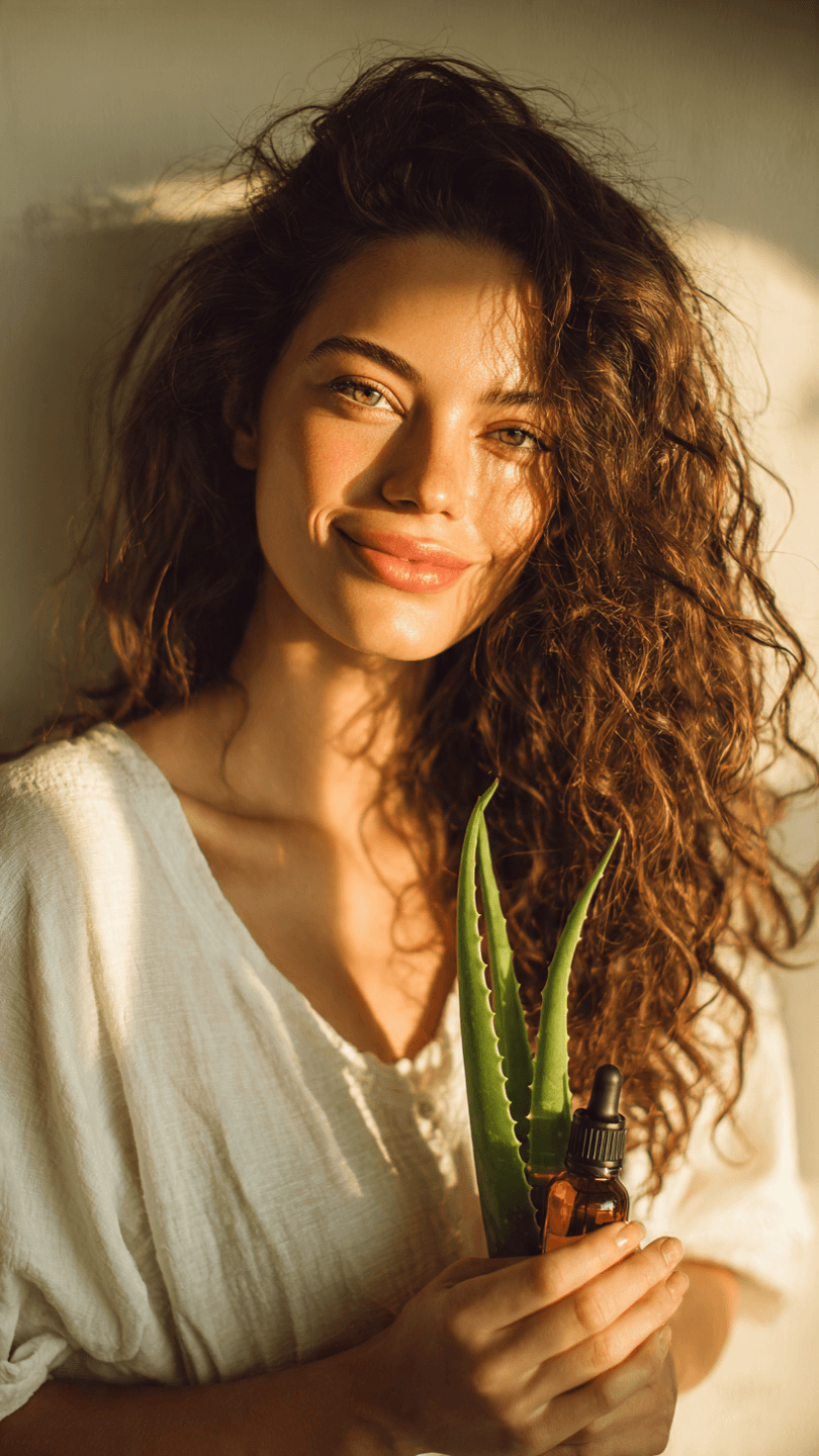 beautiful woman holding fresh aloe vera