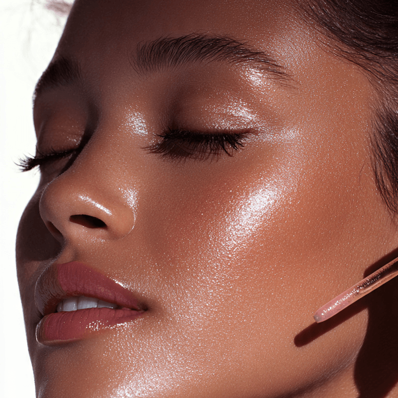 beautiful woman with glowing cheekbones applying